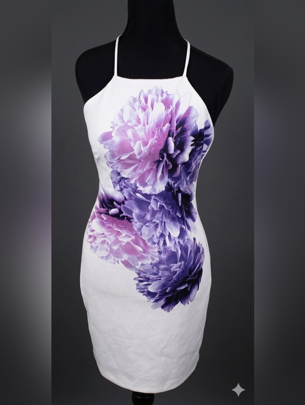 Guess White Halter Mini Dress with Purple Floral Print